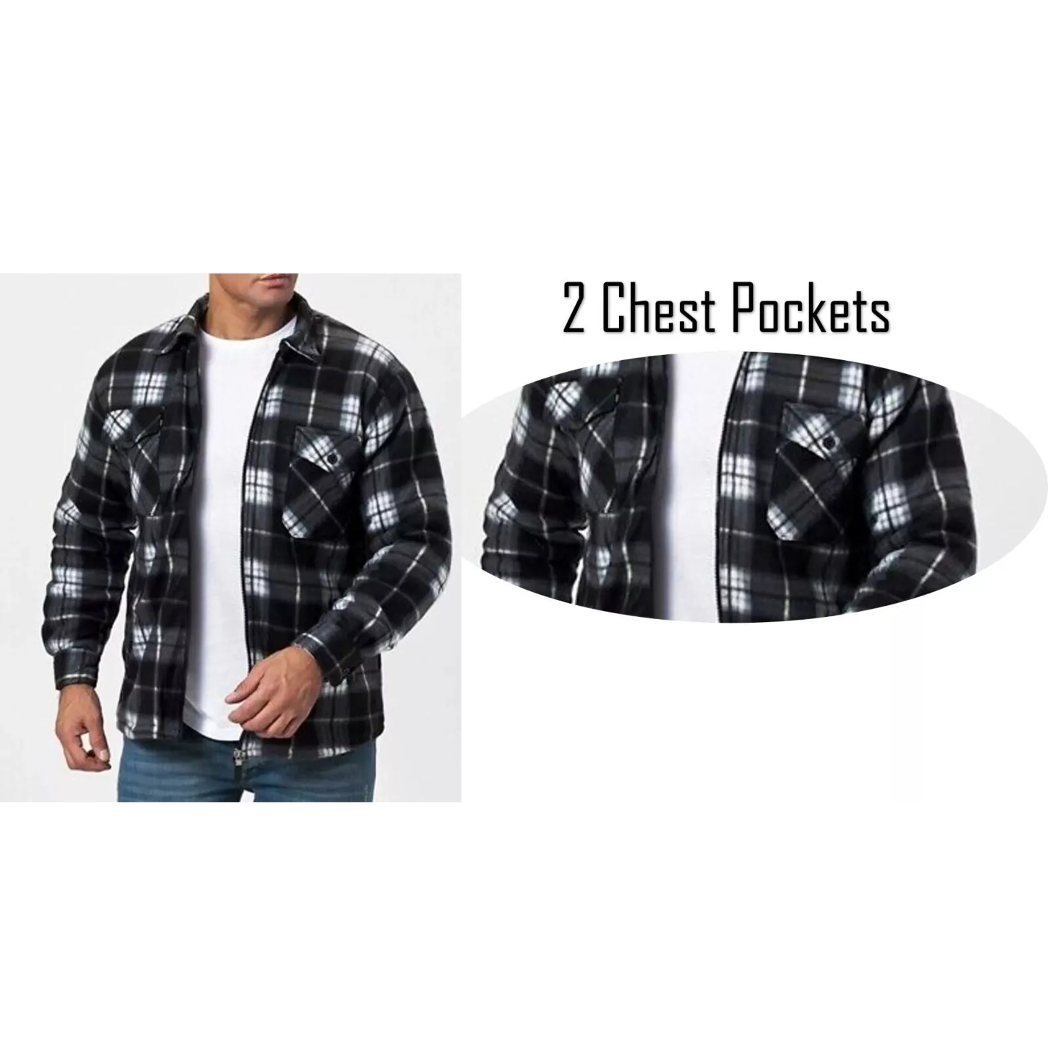 Men's zipped check fleece shirt in black and white plaid pattern, warm long sleeve overshirt with chest pockets